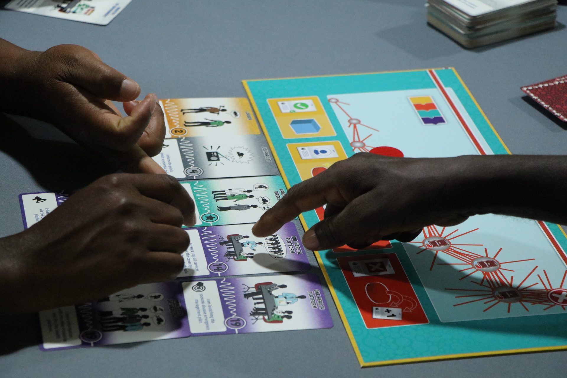 Le jeu de société « Alerte » du Projet EBO-SURSY aide les communautés et les acteurs de la santé à mieux comprendre comment les agents pathogènes peuvent passer de la faune sauvage aux humains, et apprend à prévenir les épidémies.